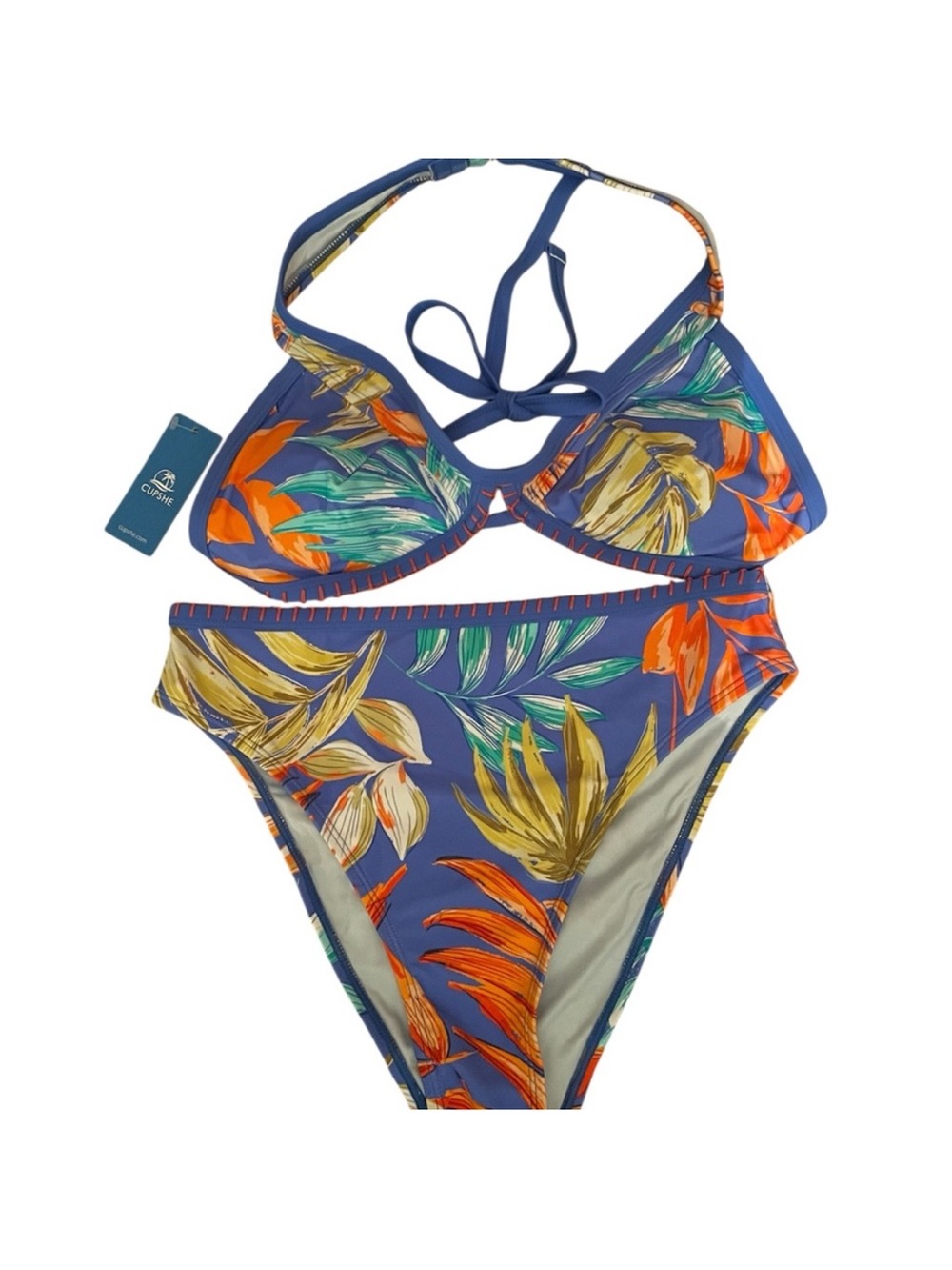 Cupshe Blue Floral Halter Bikini with Orange Accents